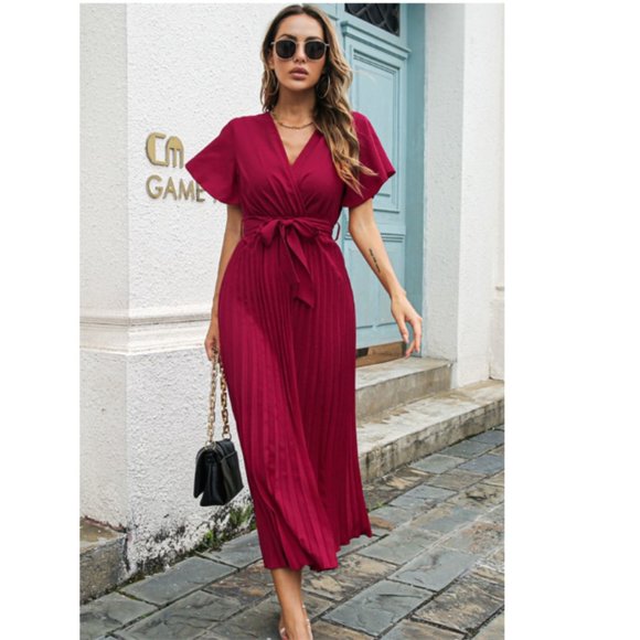 Flutter Sleeve Belted Surplice Midi Dress - Picture 4 of 9